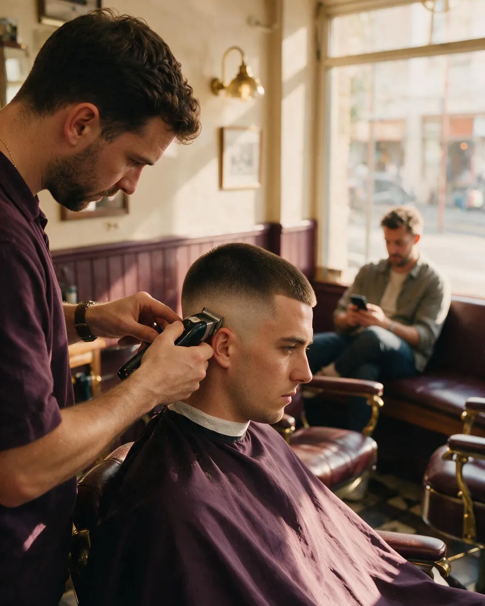 Barber beim Skin Fade, im Hintergrund wartet ein Kunde entspannt auf der Bank und schaut aufs Handy