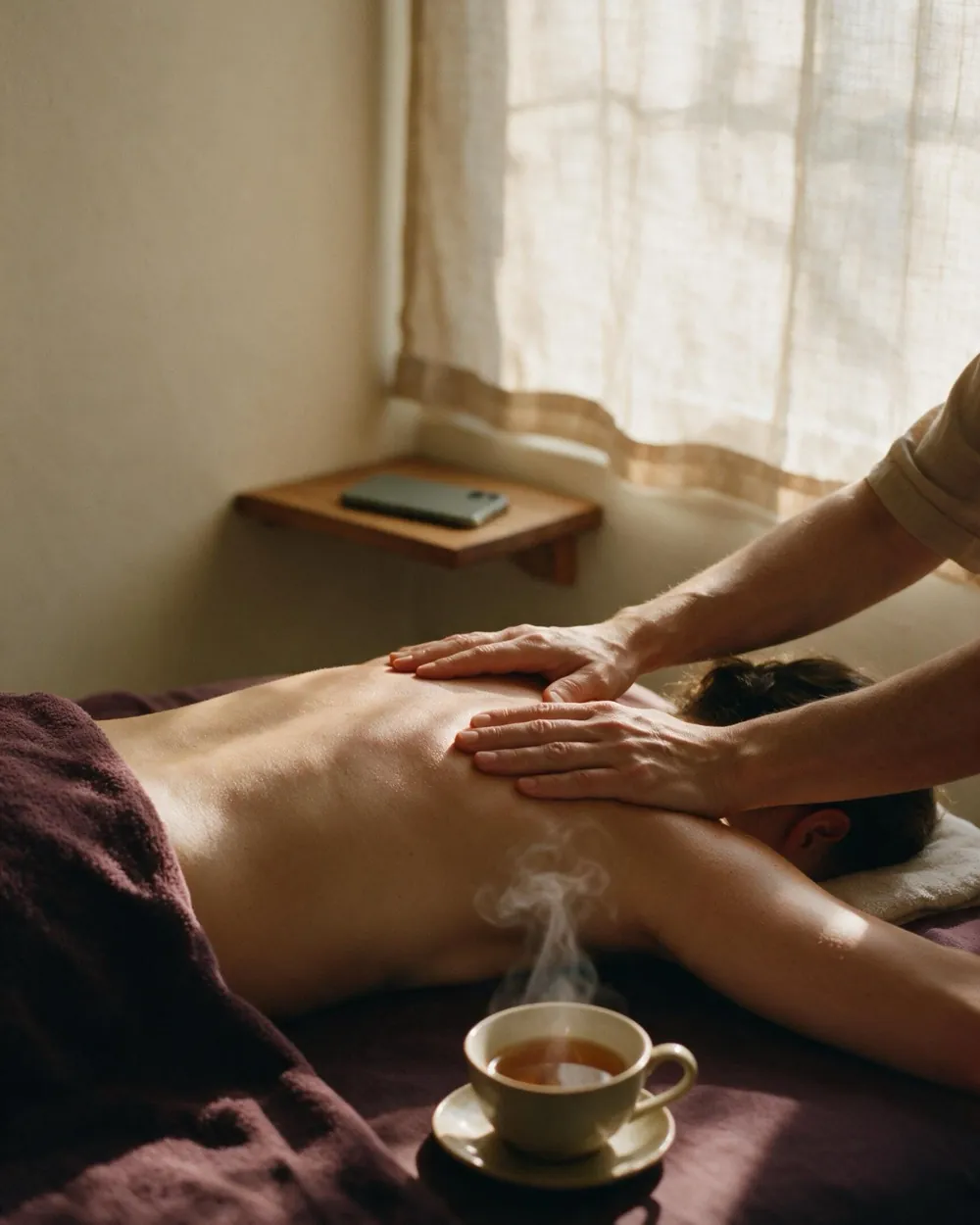 Masseurin bei einer Rückenmassage, ganz bei der Kundin – auf dem Regal dahinter liegt das Handy stumm mit dem Display nach unten