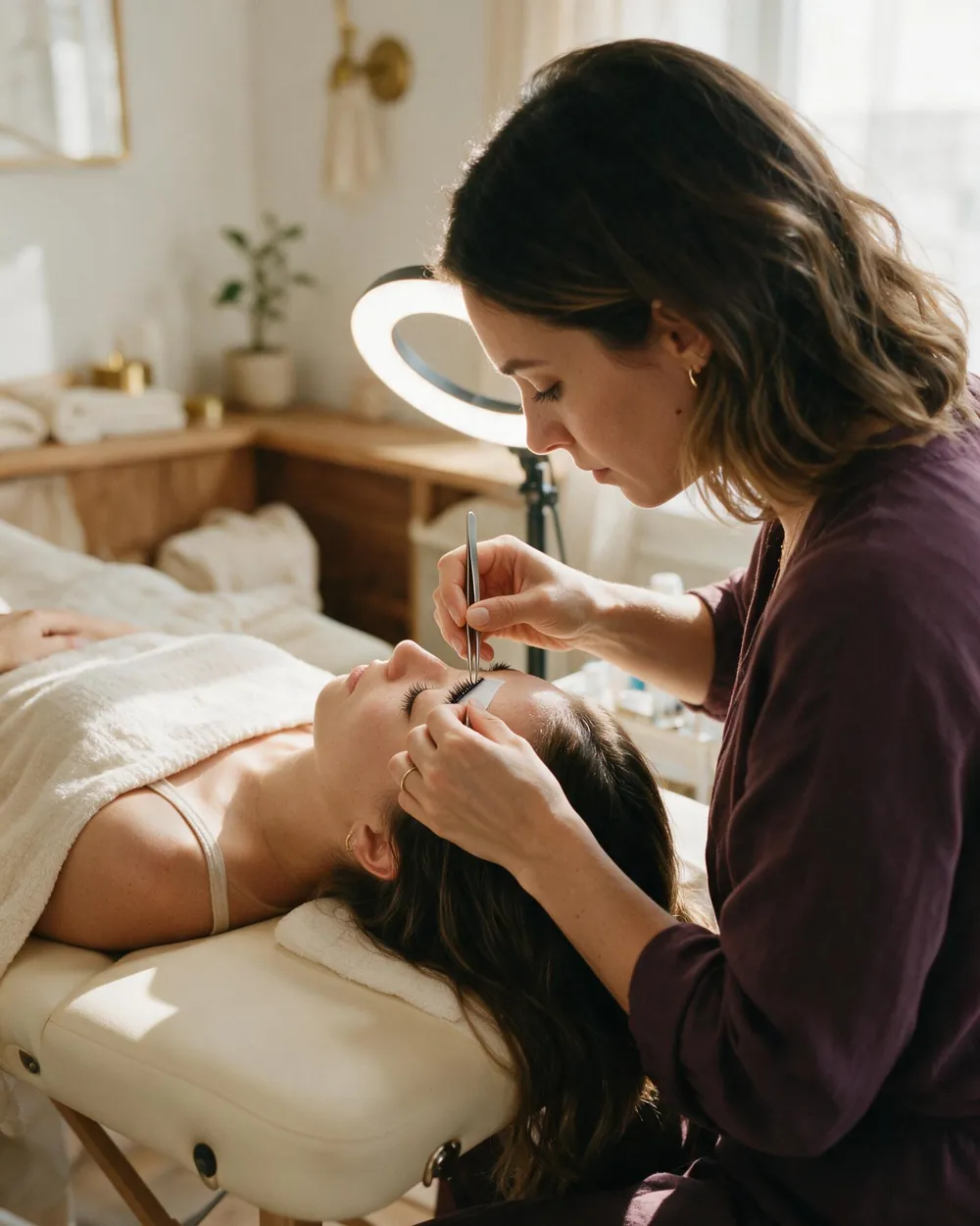 Lash-Artist setzt einer Kundin mit geschlossenen Augen Wimpernverlängerungen – konzentrierte Arbeit, kein Telefon in Reichweite