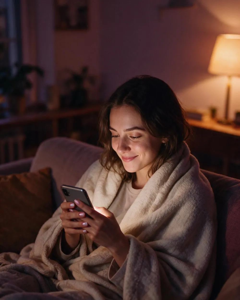 Kundin abends auf dem Sofa, in eine Decke gewickelt, bucht lächelnd am Handy ihren nächsten Termin