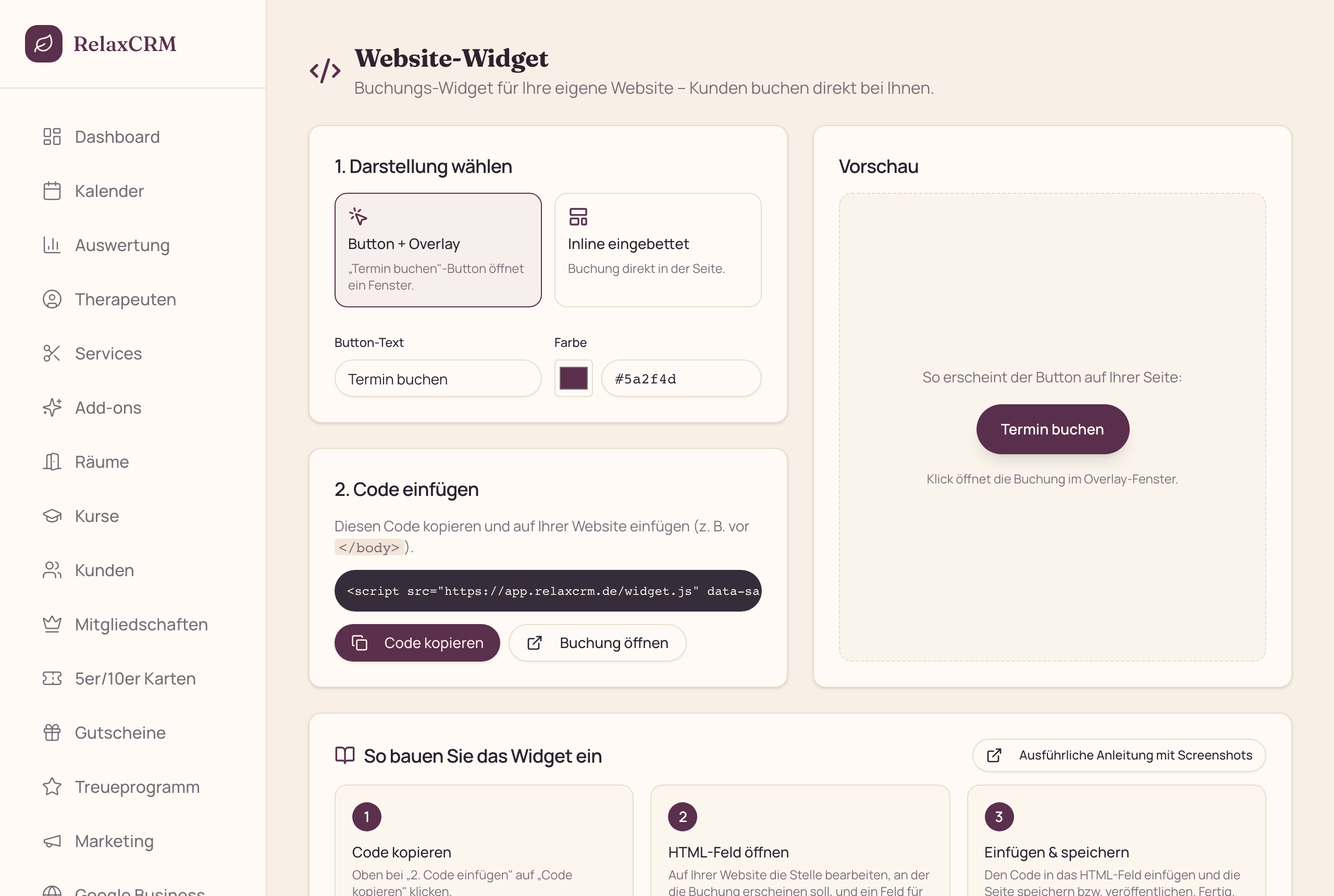 Die Widget-Seite in RelaxCRM: links Button oder Inline wählen und den Einbau-Code kopieren, rechts die Live-Vorschau des Buttons